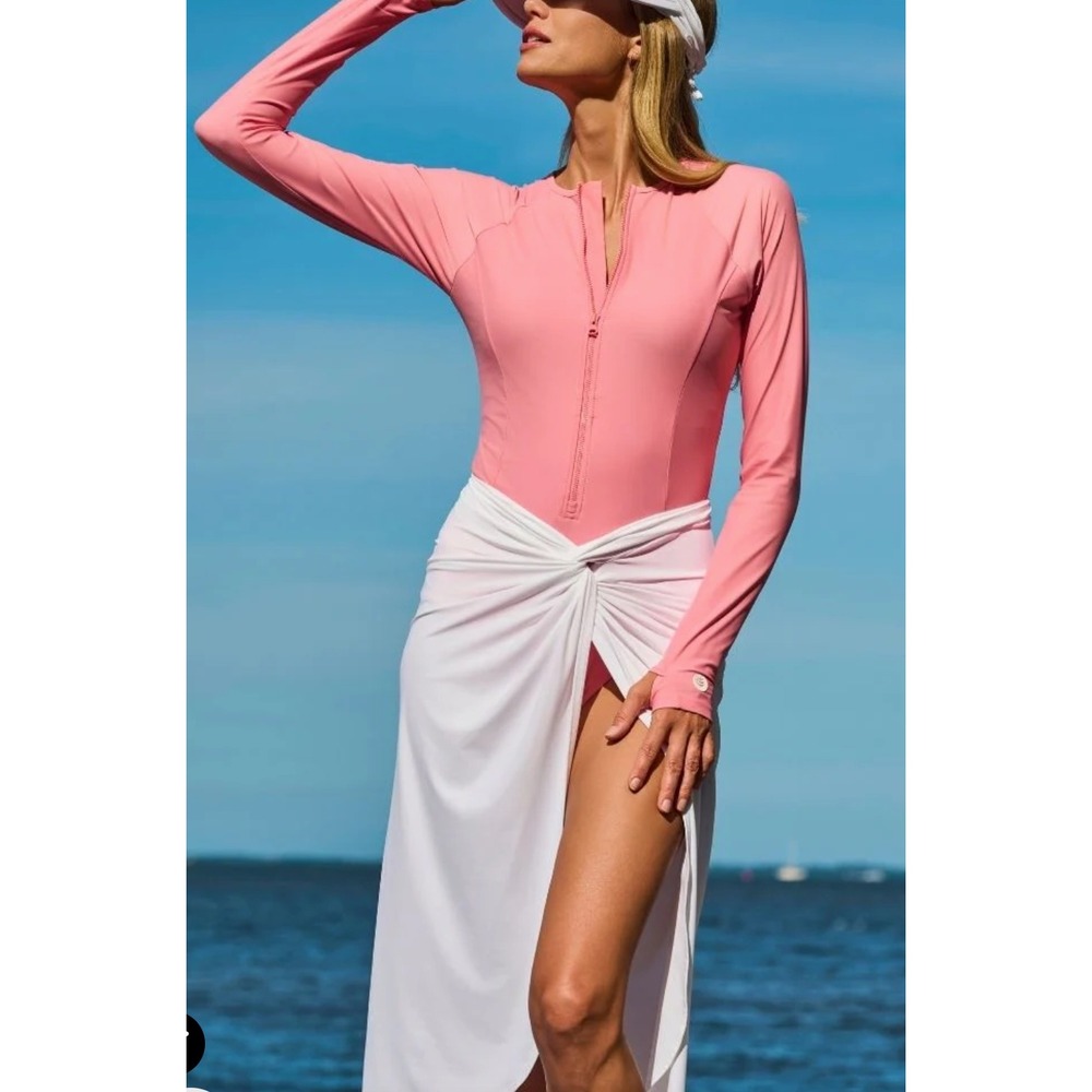NWT Coolibar Escalante One Piece Swimsuit Pink Long Sleeve Zip UPF 50+ Size M